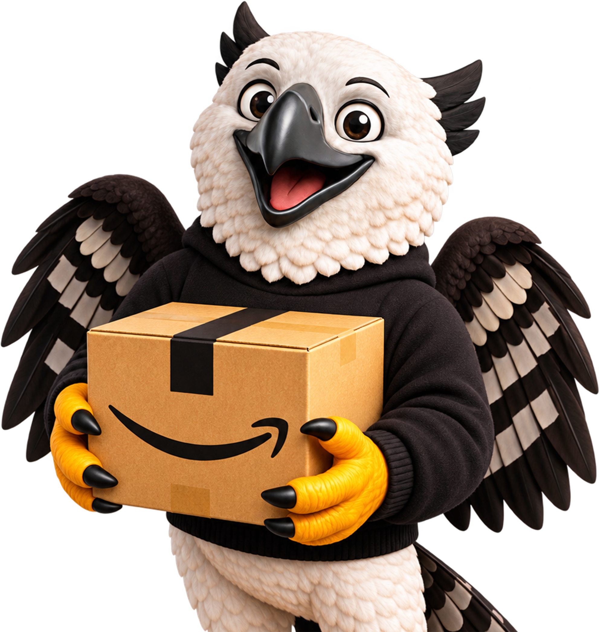 Mascota Harpiax cargando una caja de Amazon